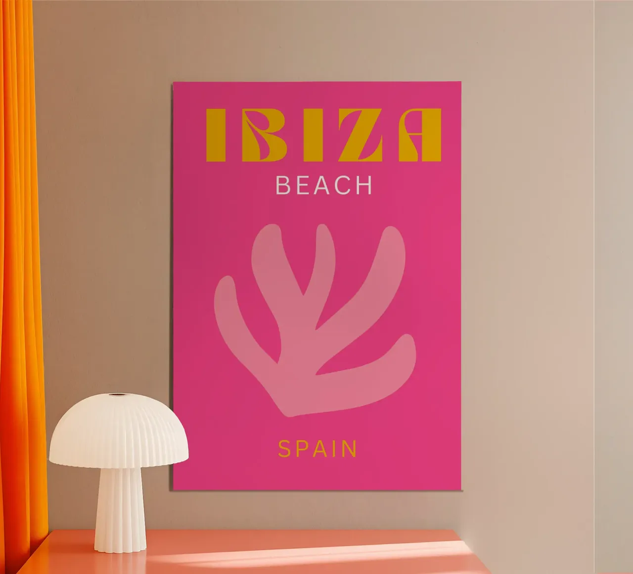 Art de voyage Ibiza Beach avec motif corail en rose et jaune poster de pdigitalprints