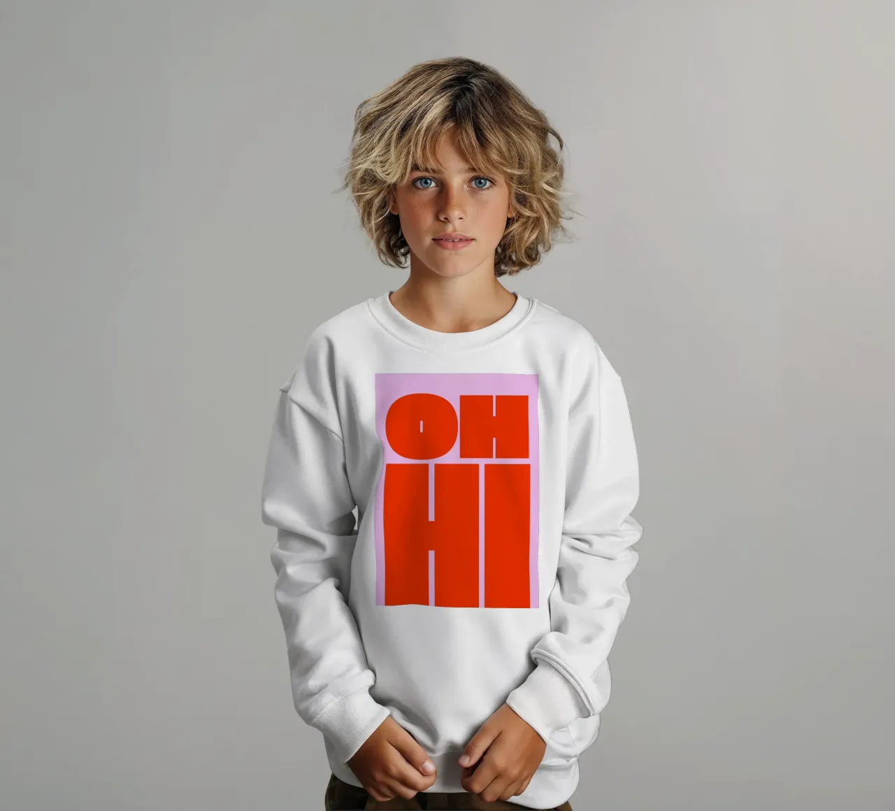 Bold Retro Typography Art with "OH HI" in Red on Pink kids sweatshirt by pdigitalprints