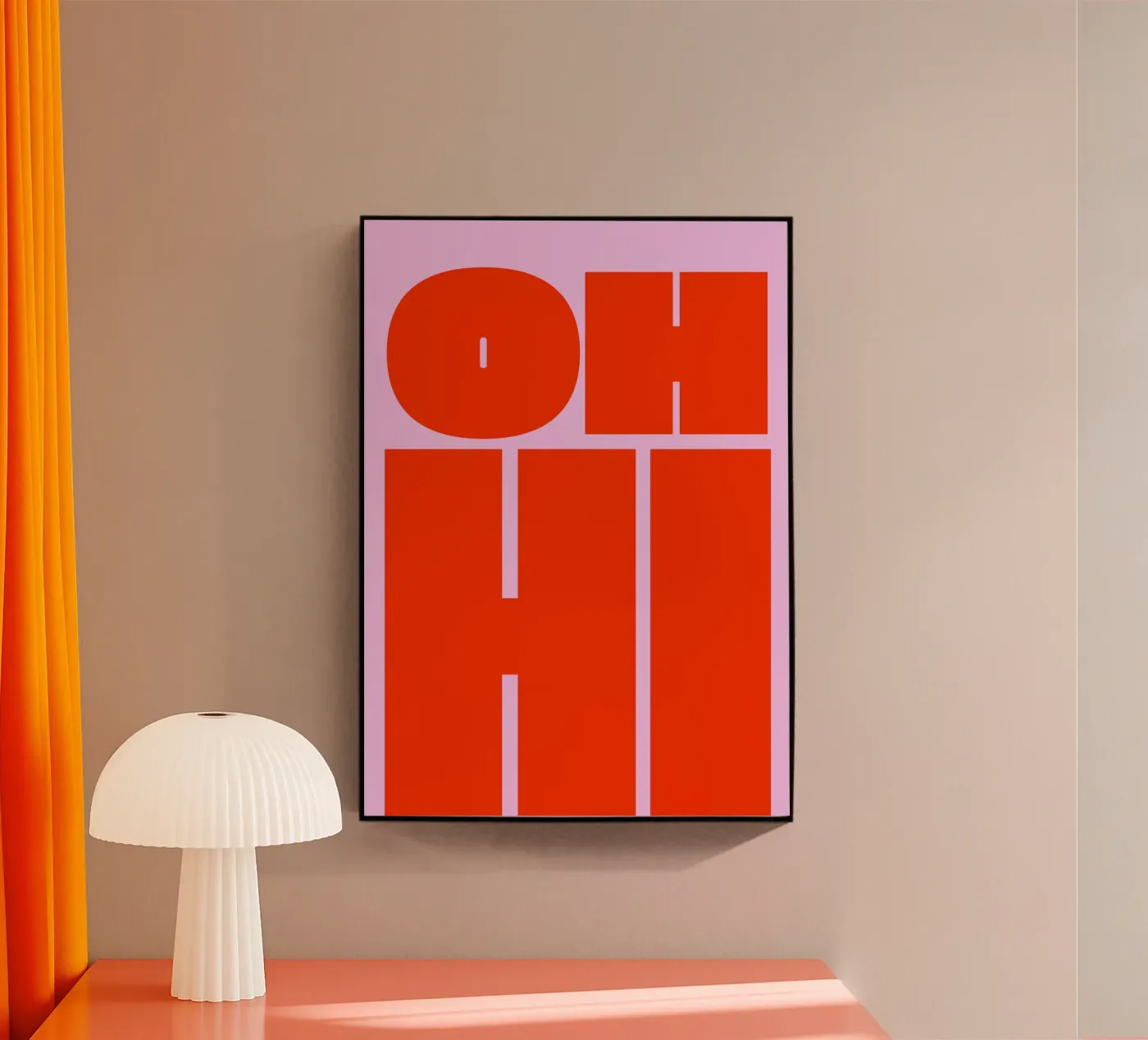 Kühnes Retro-Typografie-Kunstwerk mit "OH HI" in Rot auf Rosa Acryl-Glas von pdigitalprints