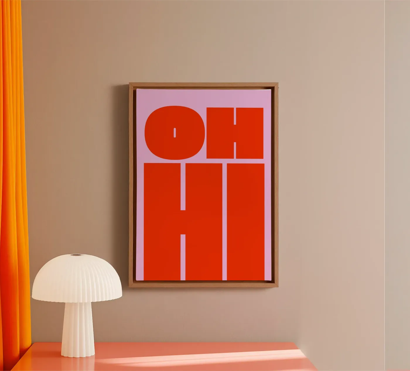 Kühnes Retro-Typografie-Kunstwerk mit "OH HI" in Rot auf Rosa Leinwand von pdigitalprints