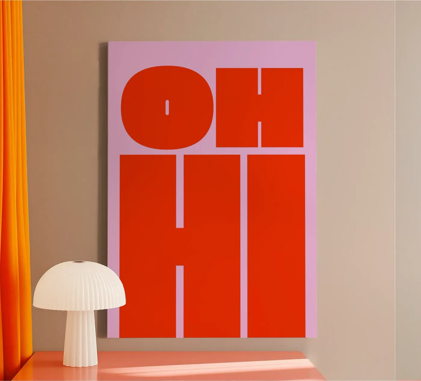 Kühnes Retro-Typografie-Kunstwerk mit "OH HI" in Rot auf Rosa Leinwand von pdigitalprints