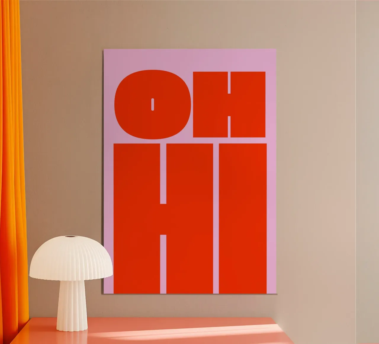 Bold Retro Typography Art with "OH HI" in Red on Pink hahnemühle by pdigitalprints