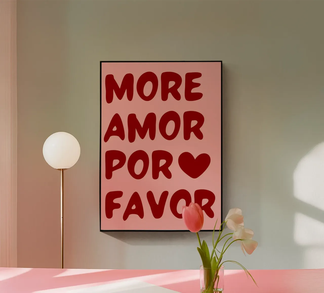 More Amor Por Favor Quote in Bold Red on Pink Background acrylic glass by pdigitalprints
