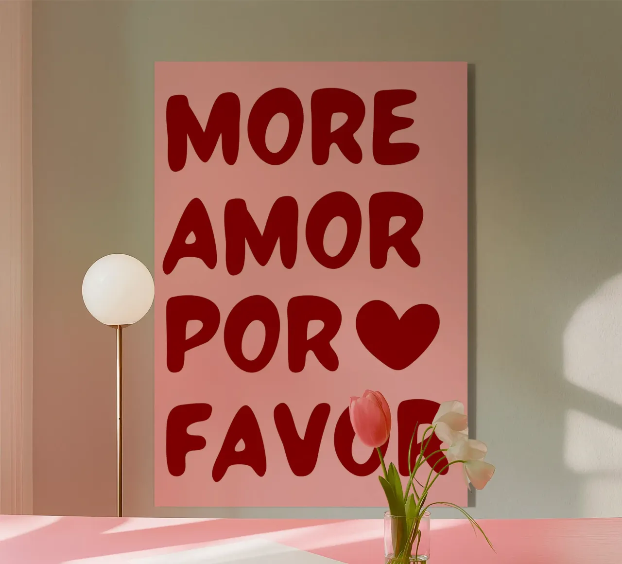 More Amor Por Favor Quote in Bold Red on Pink Background acrylic glass by pdigitalprints