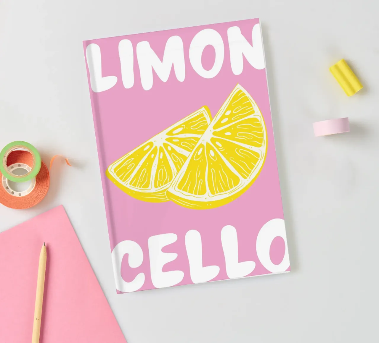 Imprimé d'art Limoncello Lemon Slice avec rose et jaune audacieux carnet de notes de pdigitalprints