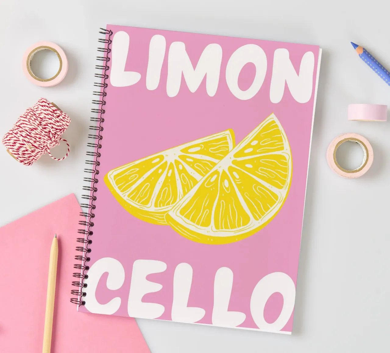 Limoncello Lemon Slice Art Print with Bold Pink and Yellow spiral notebook by pdigitalprints