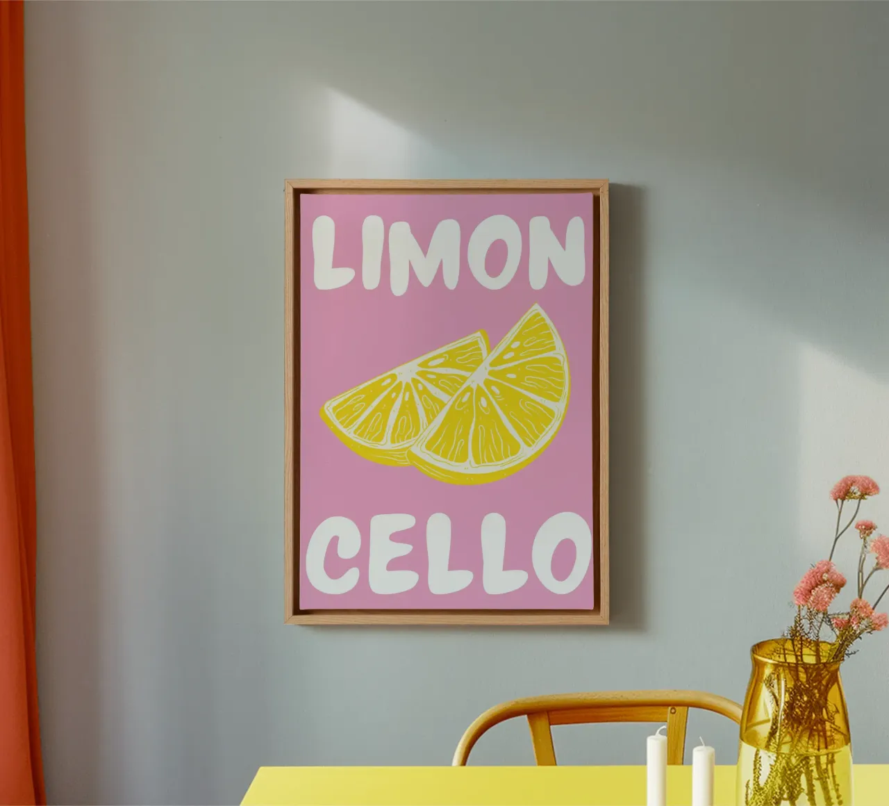 Limoncello Lemon Slice Art Print with Bold Pink and Yellow canvas by pdigitalprints