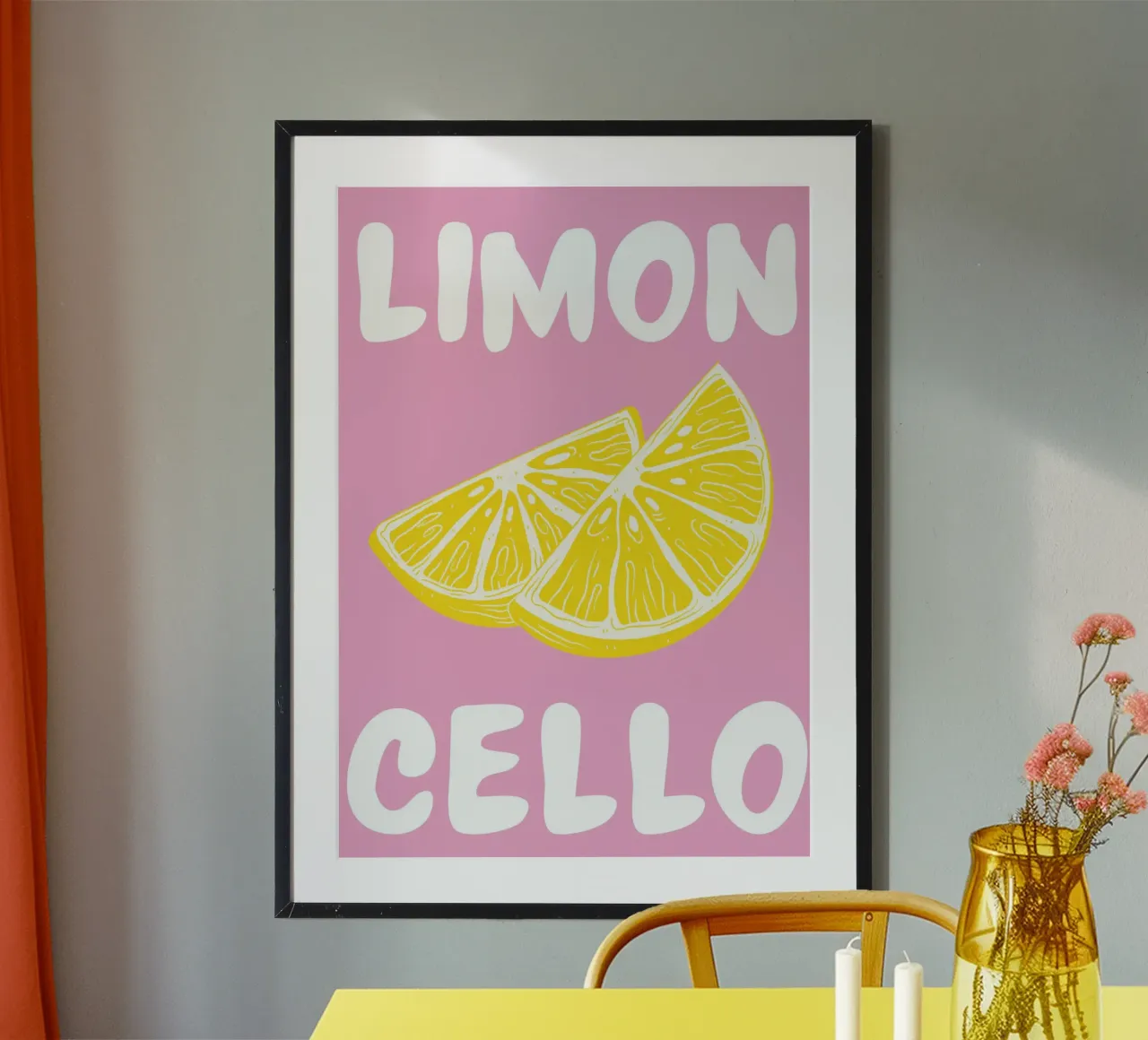 Stampa d'arte di una fetta di limone al limoncello, con colori audaci rosa e giallo poster con telaio in alluminio da pdigitalprints