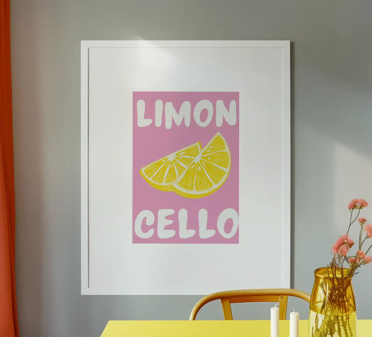 Stampa d'arte di una fetta di limone al limoncello, con colori audaci rosa e giallo poster con telaio in alluminio da pdigitalprints