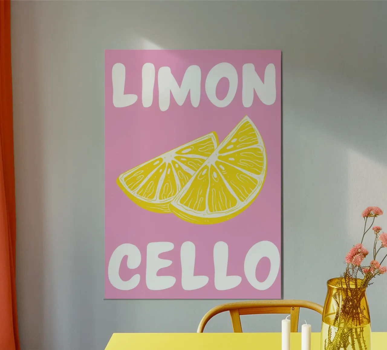 Stampa d'arte di una fetta di limone al limoncello, con colori audaci rosa e giallo poster con telaio in alluminio da pdigitalprints