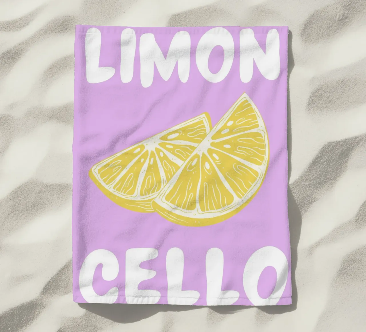 Limoncello Lemon Slice Print with Lavender Background beach towel by pdigitalprints