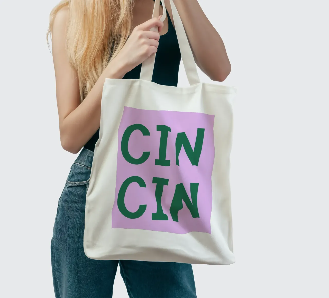 Poster per toast italiani Cin Cin - Testo giocoso verde su lilla borsa in juta da pdigitalprints