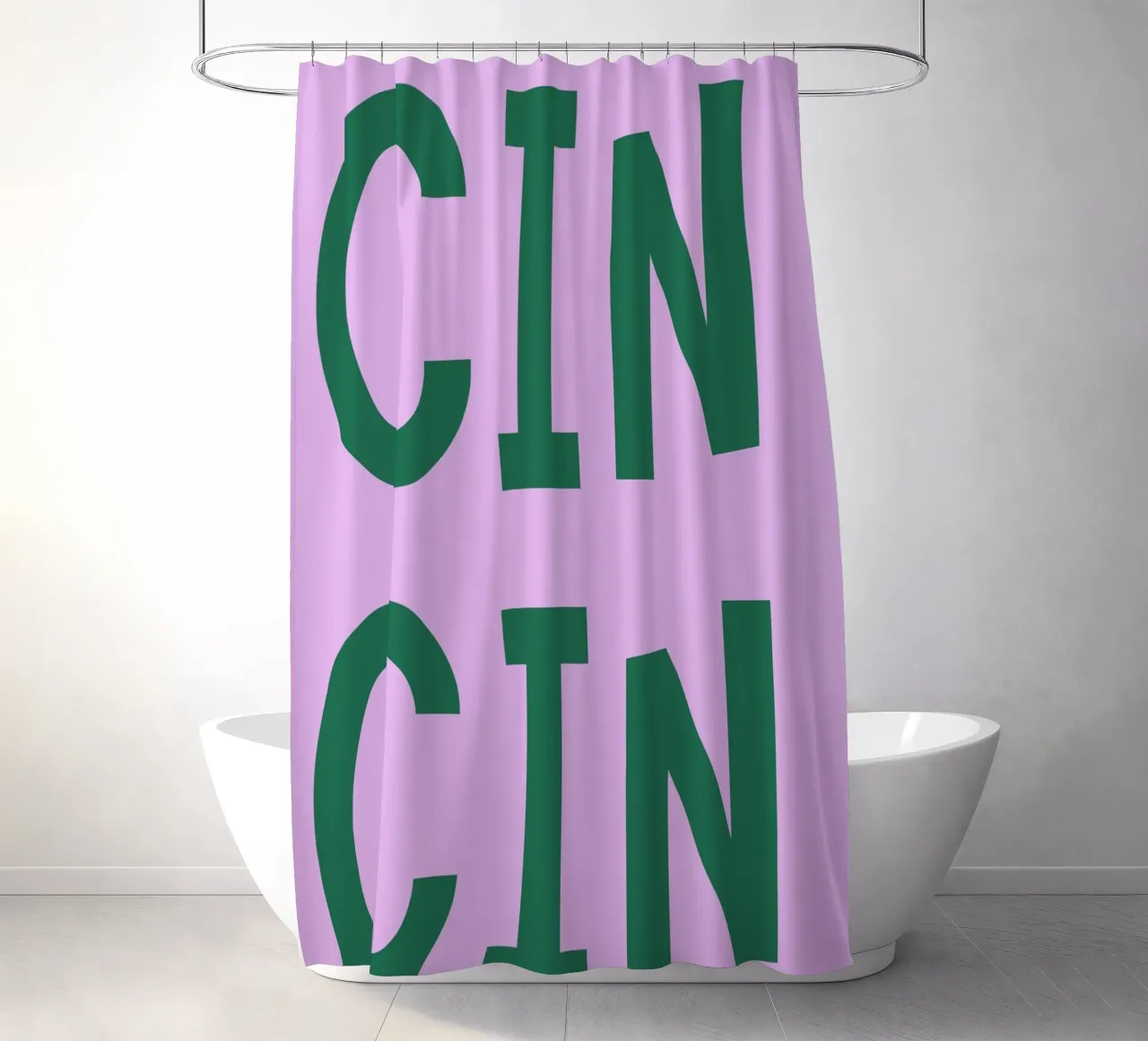 Cin Cin Italian Toast Poster - Verspielter grüner Text auf Flieder Duschvorhang von pdigitalprints