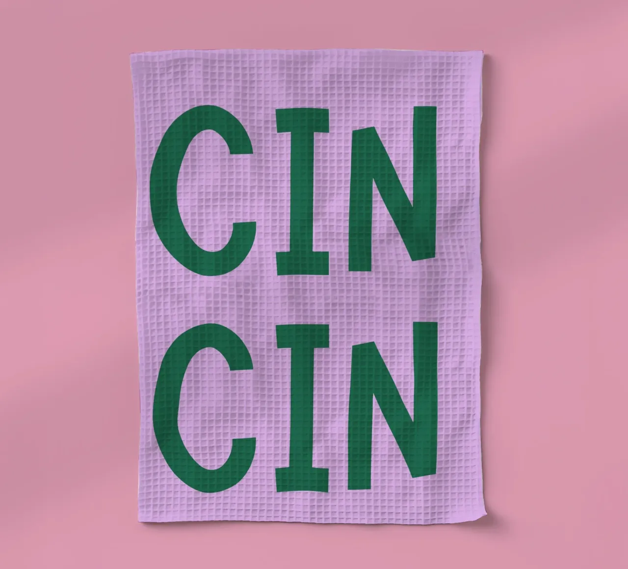 Cin Cin Italian Toast Poster – Playful Green Text on Lilac tea towel by pdigitalprints