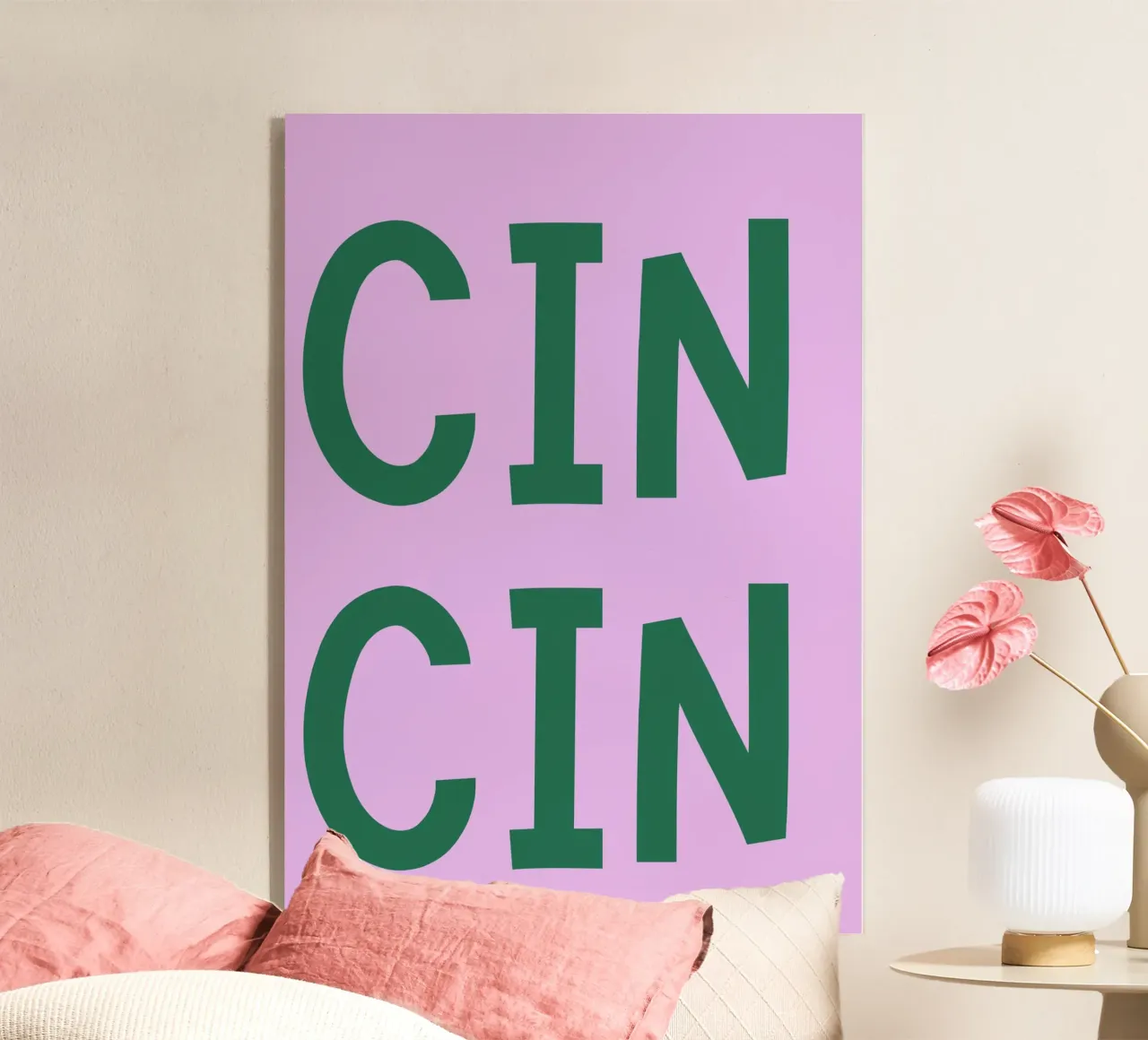 Cin Cin Italian Toast Poster – Playful Green Text on Lilac acrylic glass by pdigitalprints
