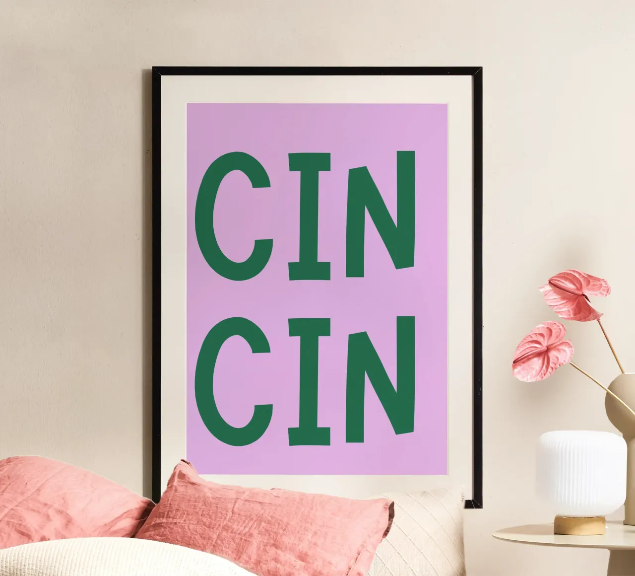 Cin Cin Italian Toast Poster – Playful Green Text on Lilac hahnemühle by pdigitalprints