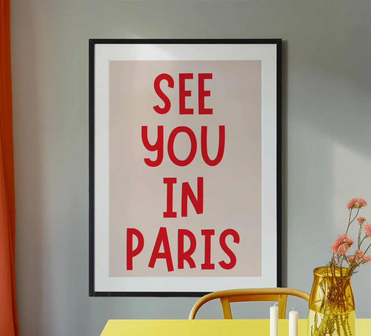 Poster tipografico See You in Paris - Testo rosso su beige chiaro poster con telaio in plastica da pdigitalprints