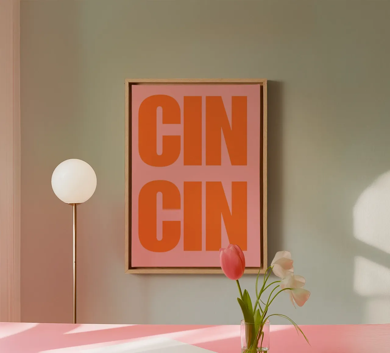 CIN CIN Poster tipografico in grassetto - Testo arancione su rosa tela con Cornice a cassetta da pdigitalprints