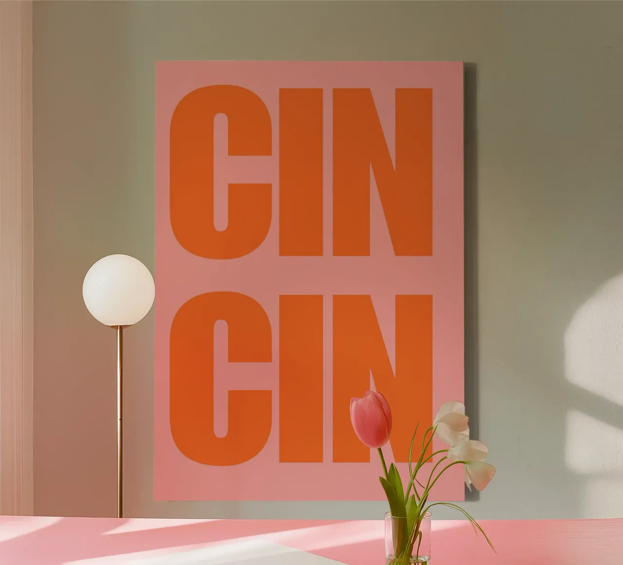 CIN CIN Poster tipografico in grassetto - Testo arancione su rosa tela con Cornice a cassetta da pdigitalprints