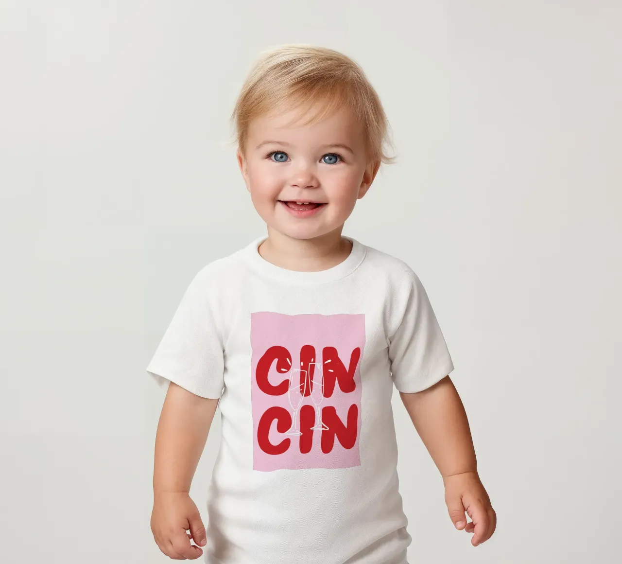 Poster CIN CIN con bicchieri che tintinnano - Testo rosso su rosa maglietta neonato da pdigitalprints