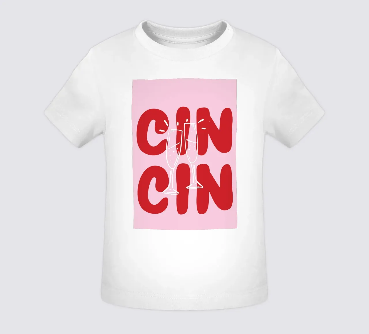 Poster CIN CIN con bicchieri che tintinnano - Testo rosso su rosa maglietta neonato da pdigitalprints