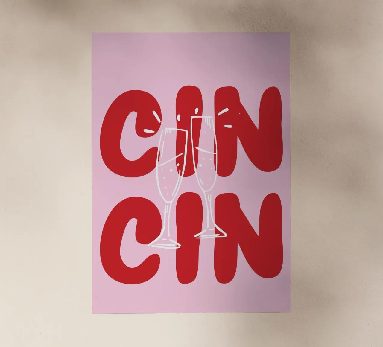 Poster CIN CIN con bicchieri che tintinnano - Testo rosso su rosa pellicola backlit da pdigitalprints