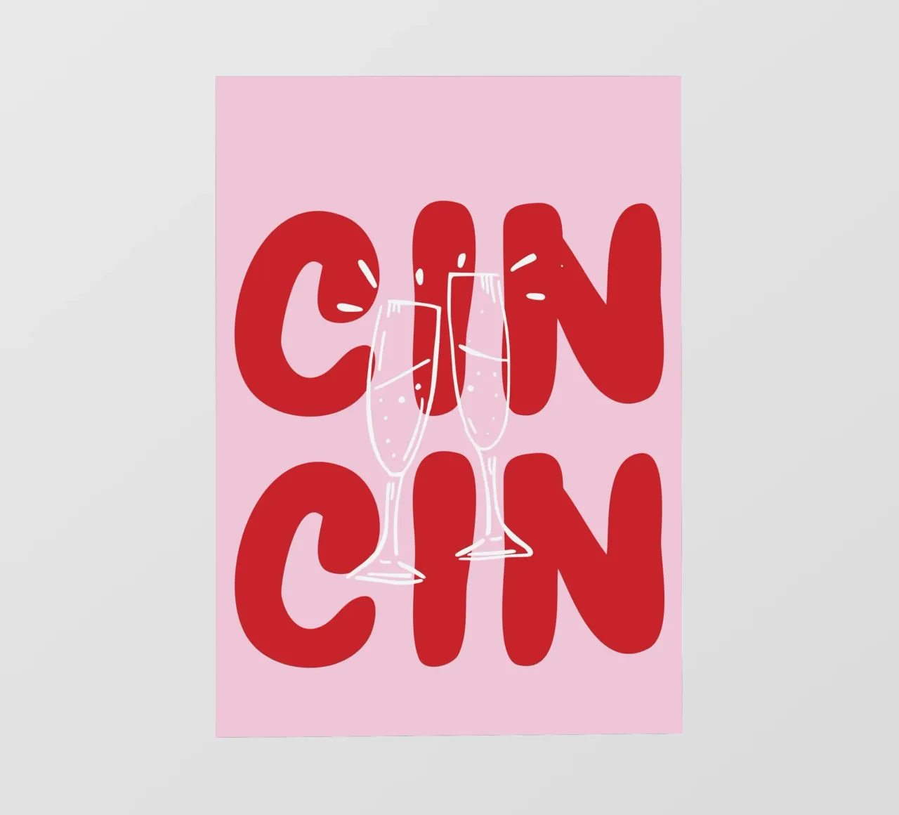 Poster CIN CIN con bicchieri che tintinnano - Testo rosso su rosa pellicola backlit da pdigitalprints
