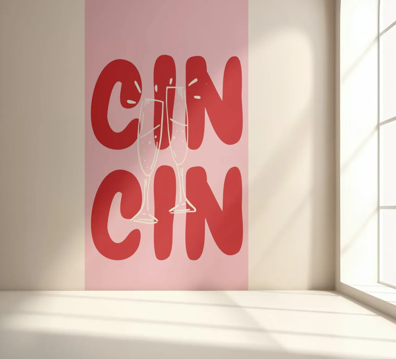 Poster CIN avec verres qui tintent - Texte rouge sur rose papier peint photo de pdigitalprints