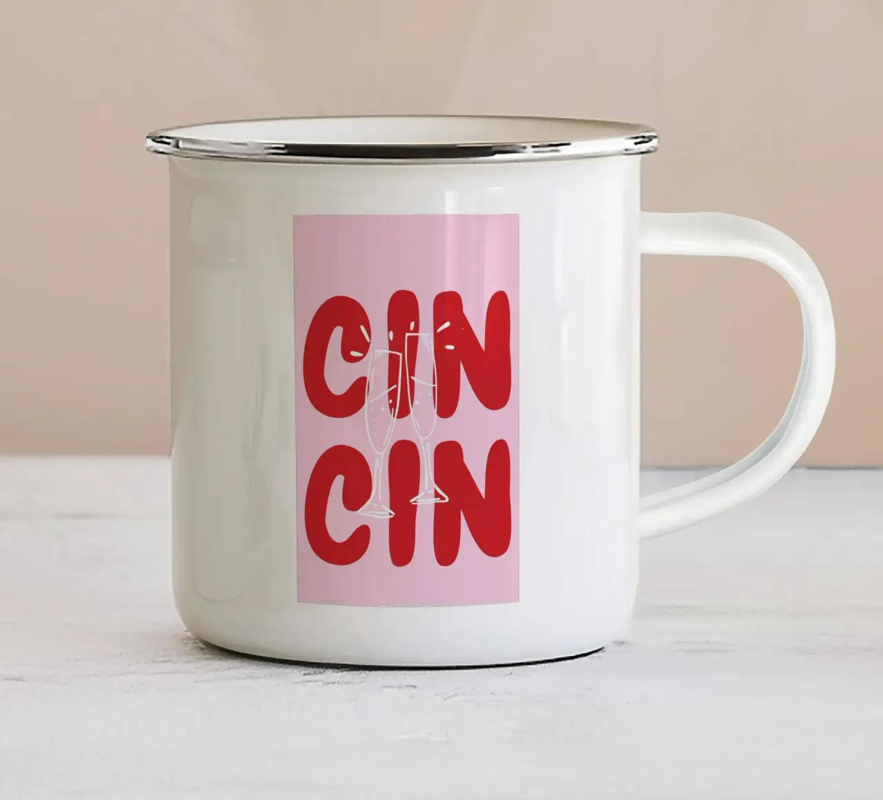 CIN CIN Poster with Clinking Glasses – Red Text on Pink enamel mug by pdigitalprints