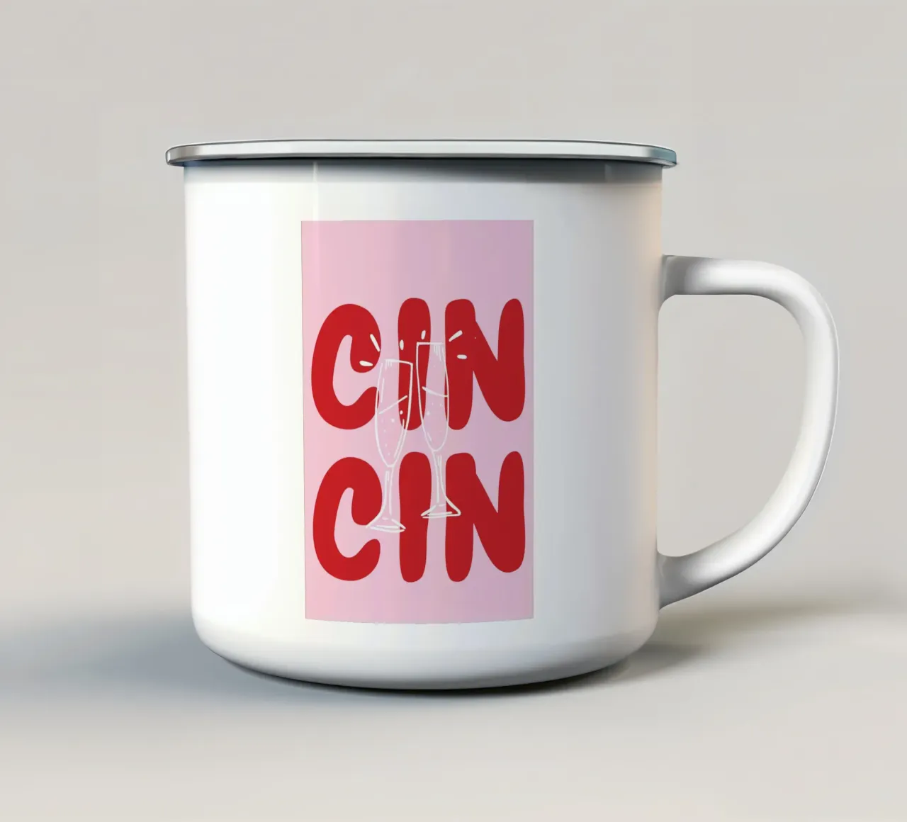 CIN CIN Poster with Clinking Glasses – Red Text on Pink enamel mug by pdigitalprints