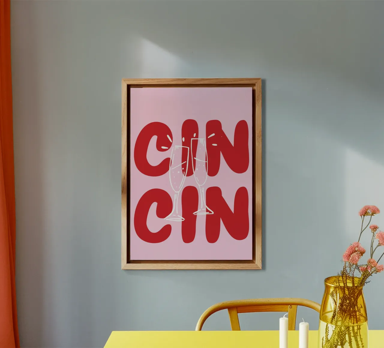 Poster CIN CIN con bicchieri che tintinnano - Testo rosso su rosa alluminio dibond da pdigitalprints