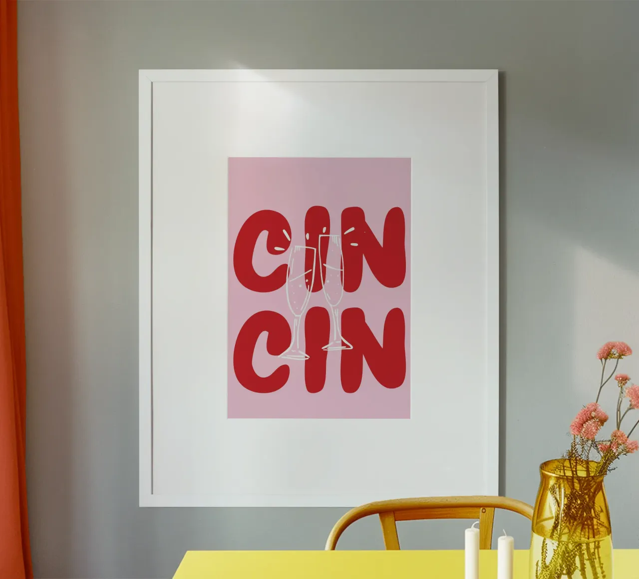 CIN CIN Poster with Clinking Glasses – Red Text on Pink hahnemühle by pdigitalprints