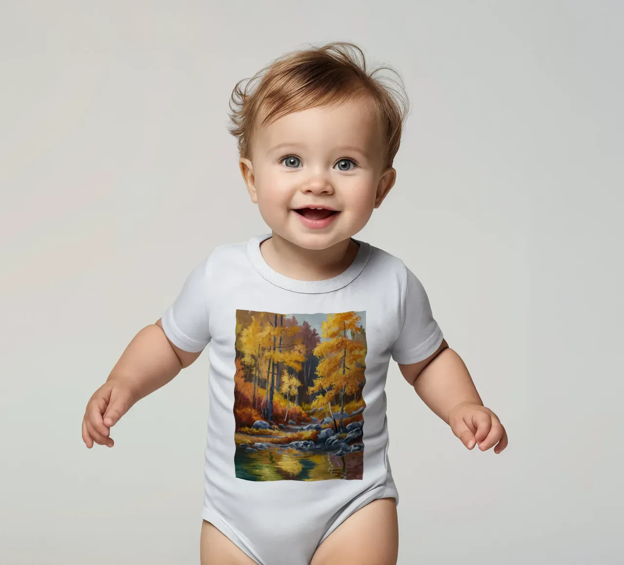 Golden Forest Stream short-sleeve baby romper by Celestial Harmony