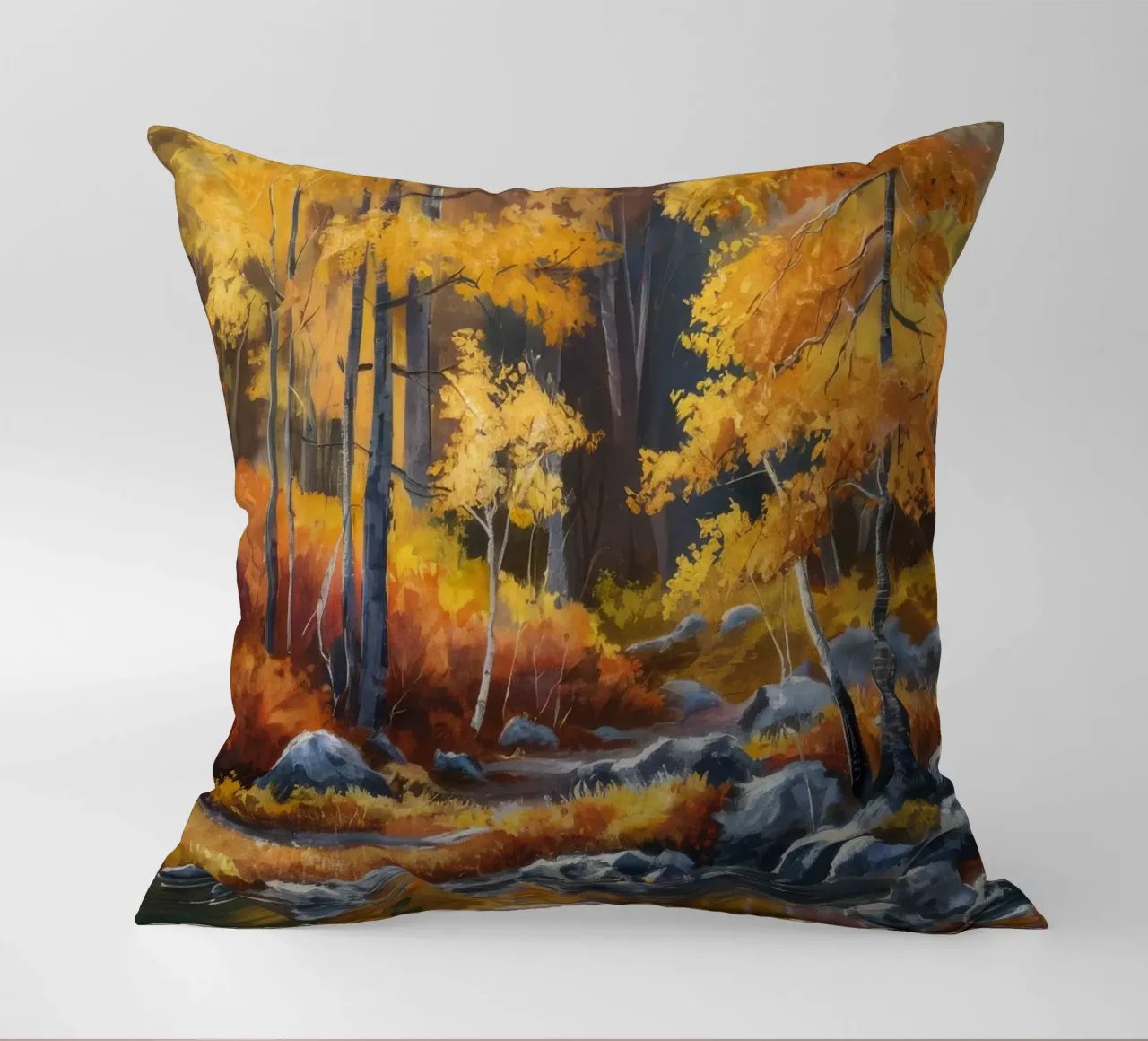 Golden Forest Stream decorative cushion by Celestial Harmony