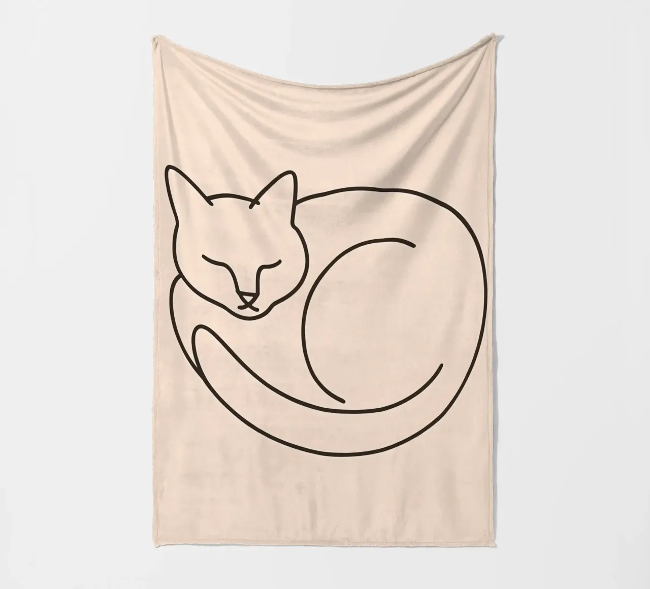 Line drawing of a curled-up cat resting on a soft background fleece blanket by DesignDoodle