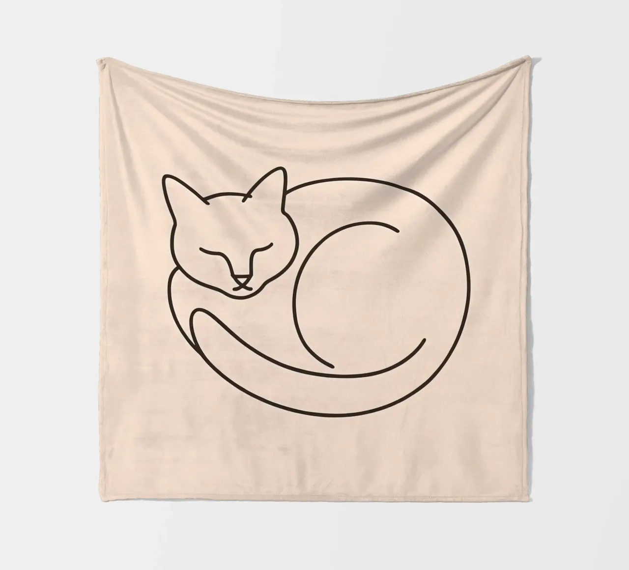 Line drawing of a curled-up cat resting on a soft background fleece blanket by DesignDoodle