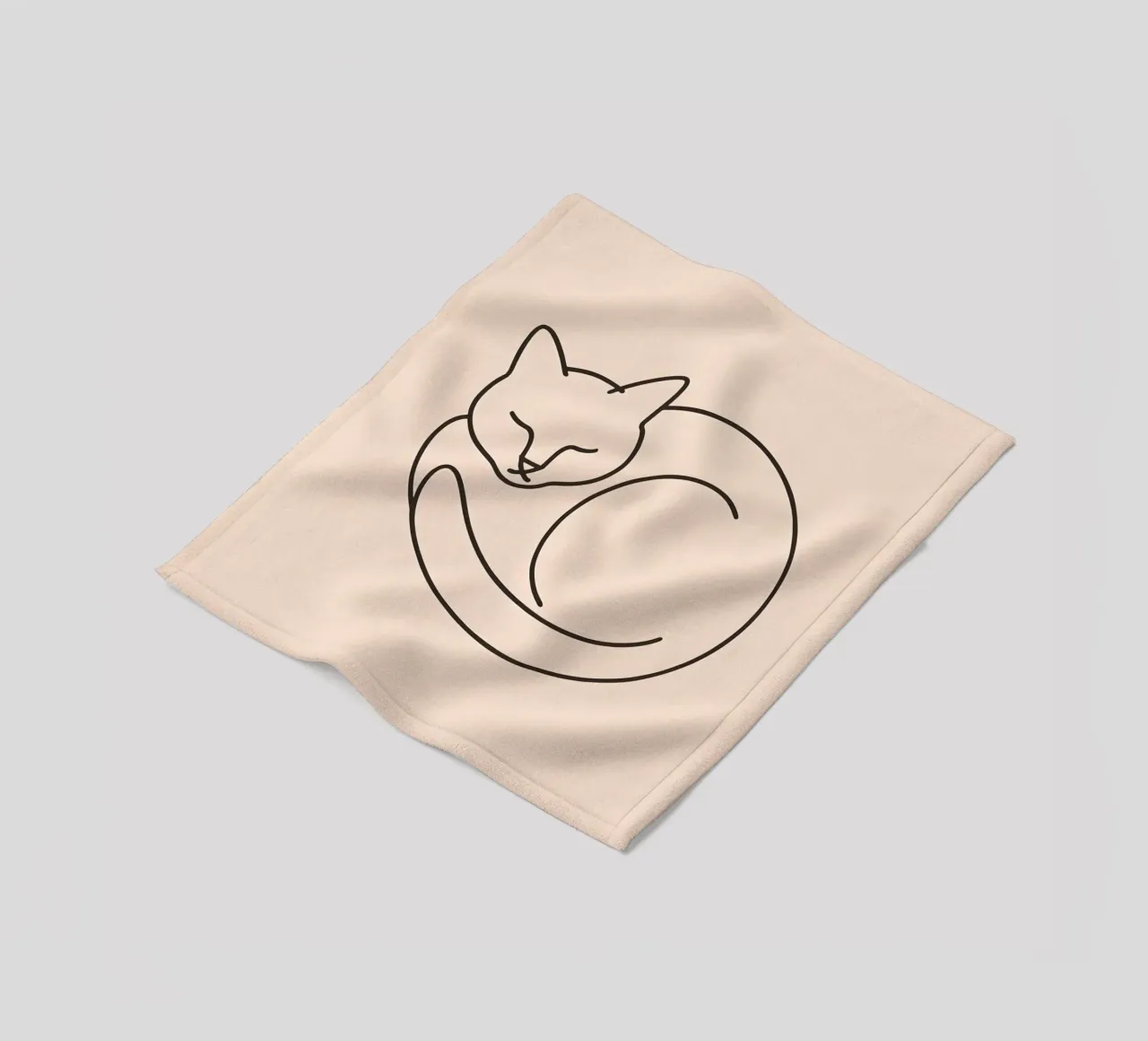 Line drawing of a curled-up cat resting on a soft background fleece blanket by DesignDoodle