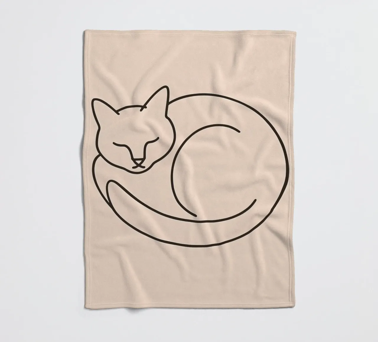 Line drawing of a curled-up cat resting on a soft background fleece blanket by DesignDoodle