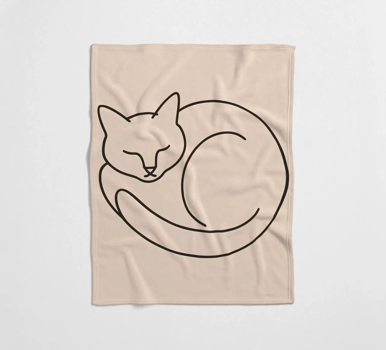 Line drawing of a curled-up cat resting on a soft background fleece blanket by DesignDoodle
