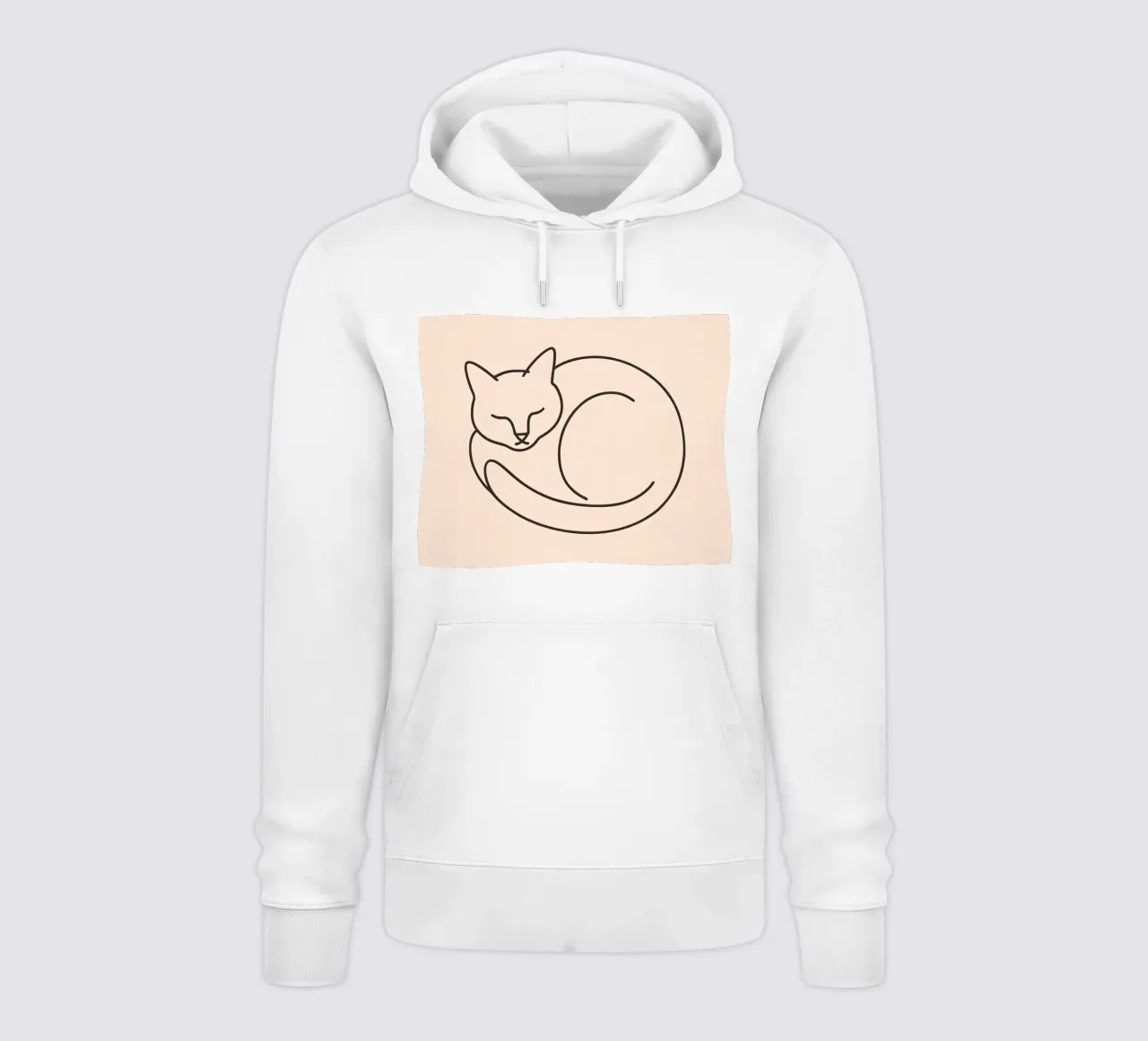 Line drawing of a curled-up cat resting on a soft background hoodie by DesignDoodle