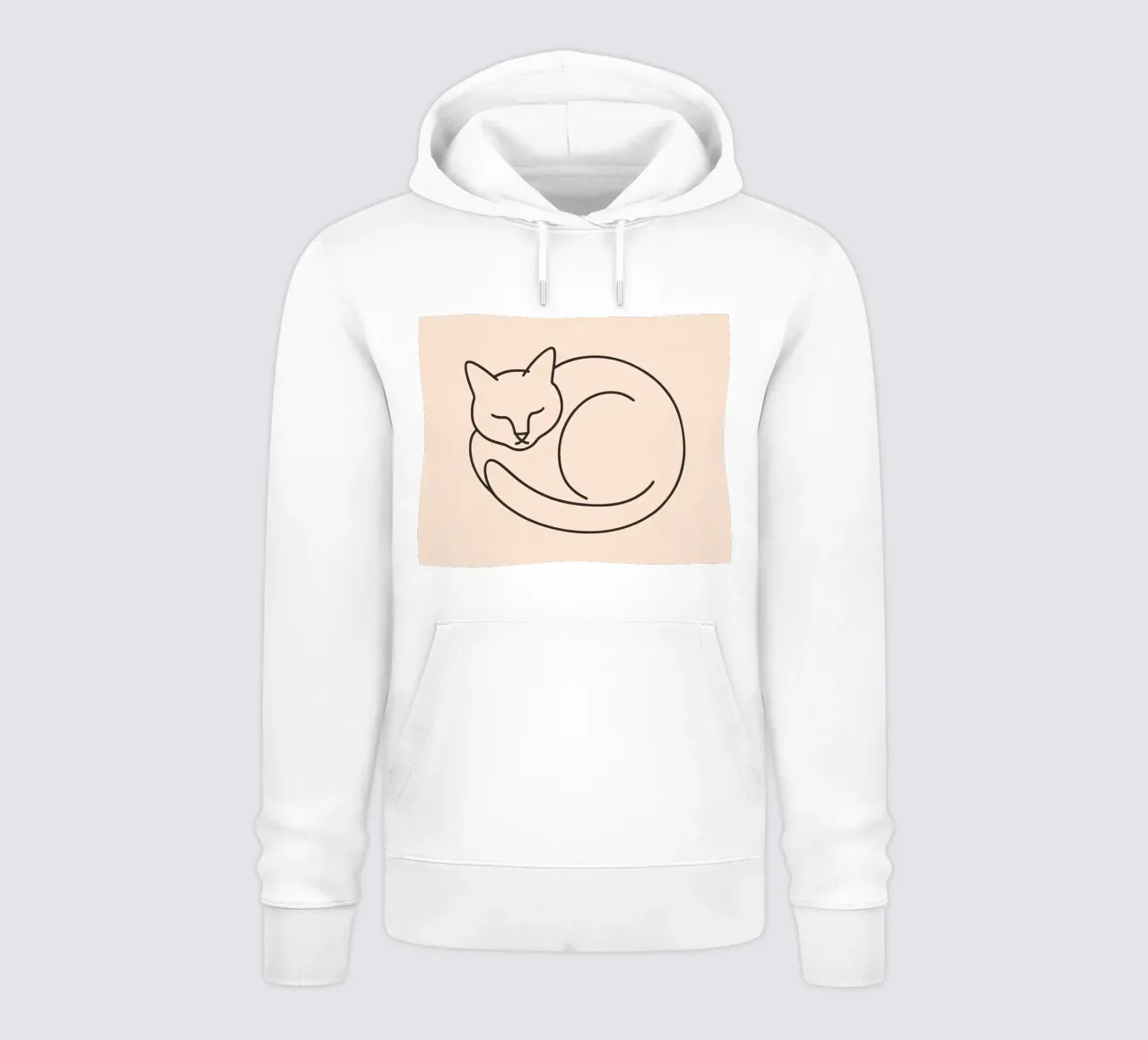 Line drawing of a curled-up cat resting on a soft background hoodie by DesignDoodle