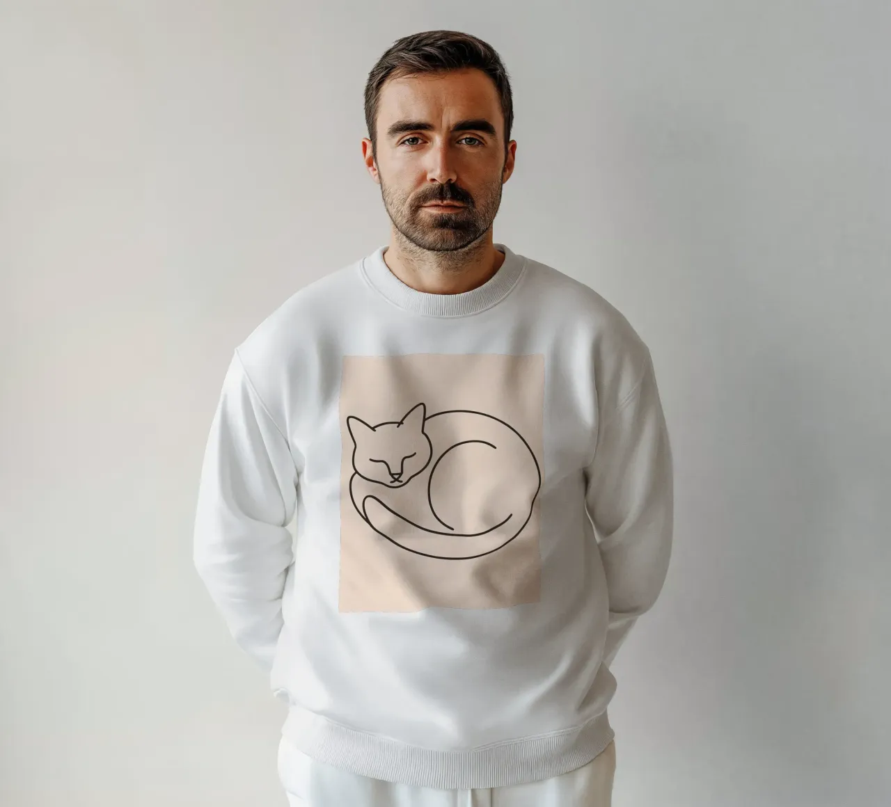 Line drawing of a curled-up cat resting on a soft background sweatshirt by DesignDoodle