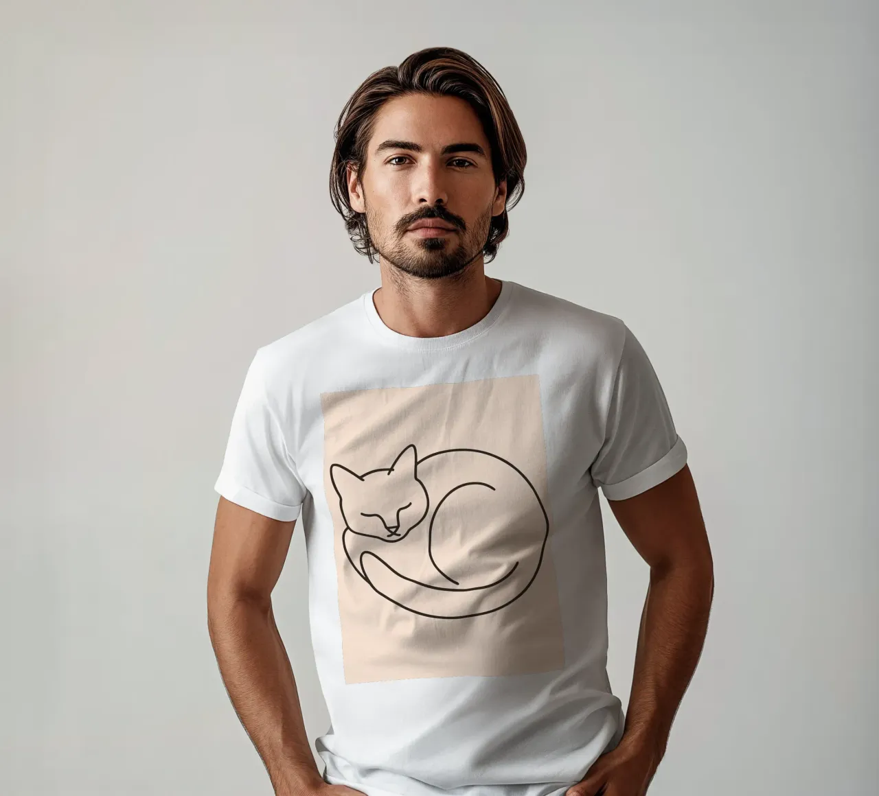 Line drawing of a curled-up cat resting on a soft background t-shirt by DesignDoodle