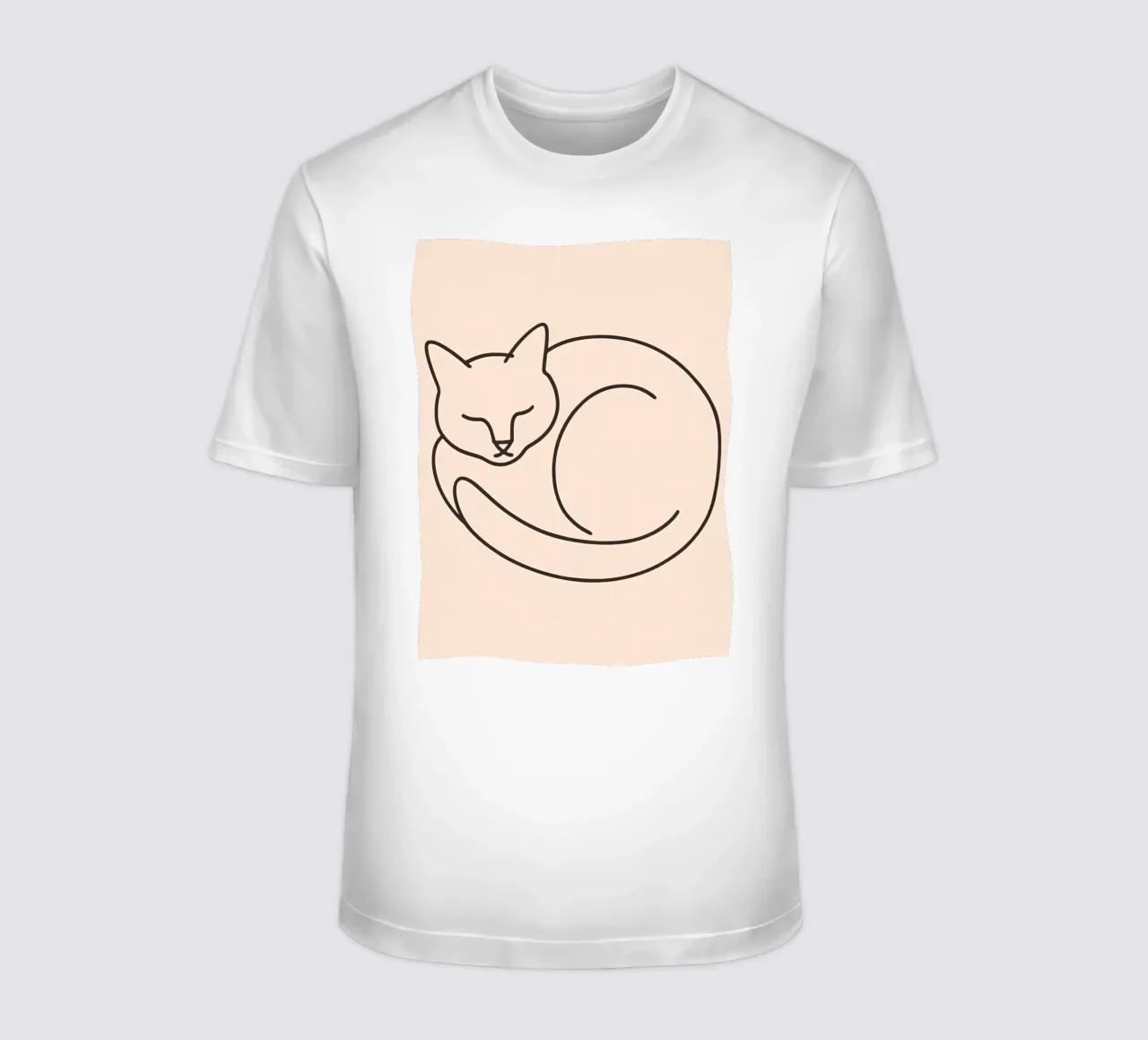 Line drawing of a curled-up cat resting on a soft background t-shirt by DesignDoodle