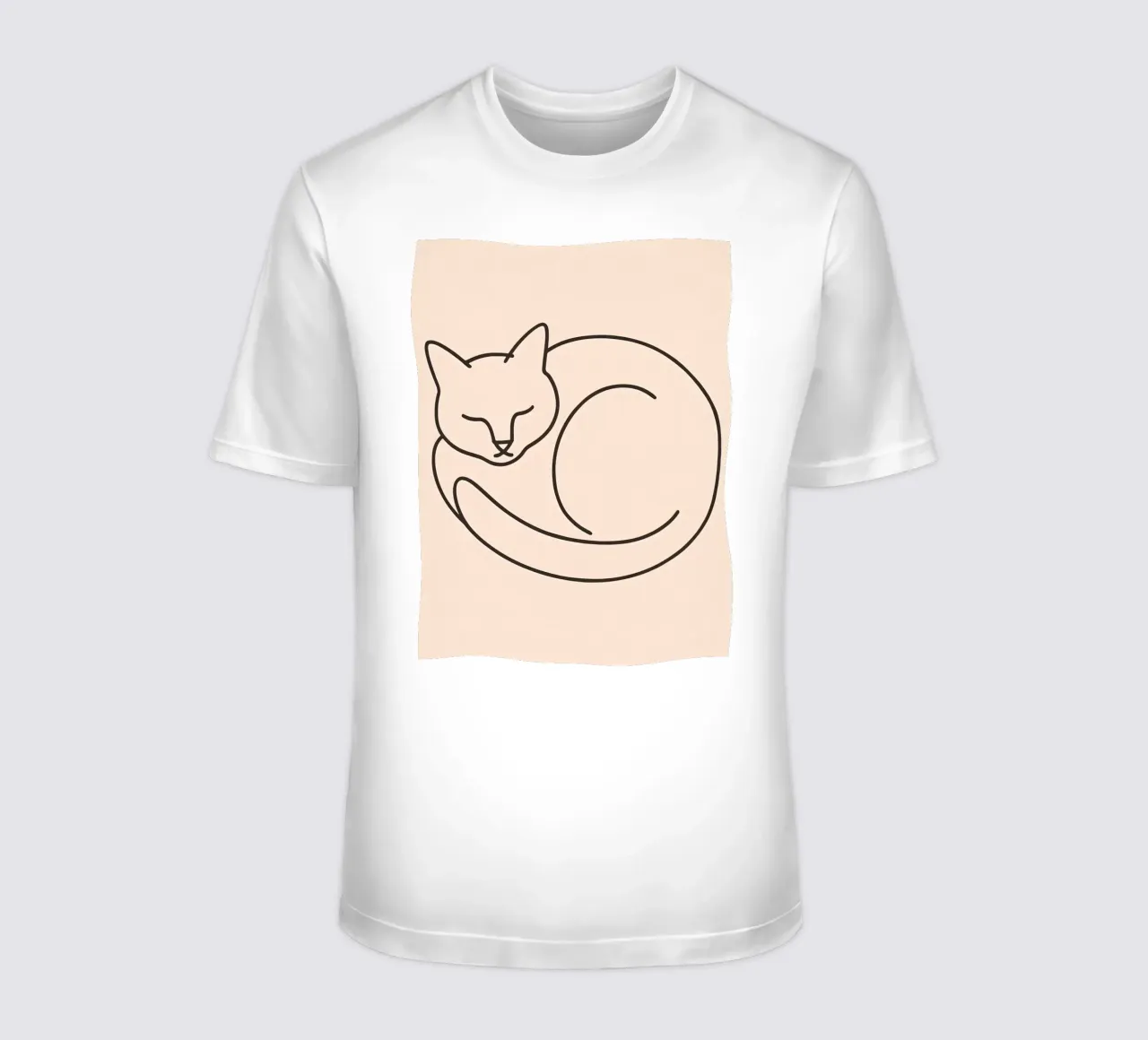 Line drawing of a curled-up cat resting on a soft background t-shirt by DesignDoodle