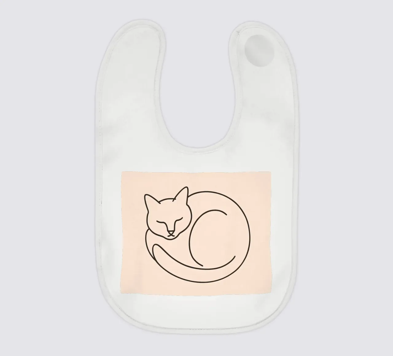 Line drawing of a curled-up cat resting on a soft background baby bib by DesignDoodle