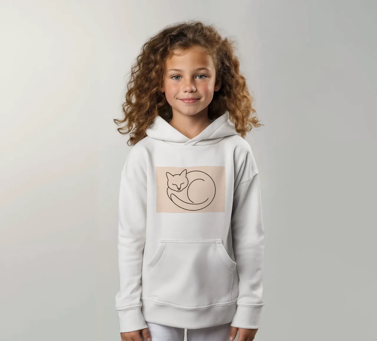 Line drawing of a curled-up cat resting on a soft background kids hoodie by DesignDoodle