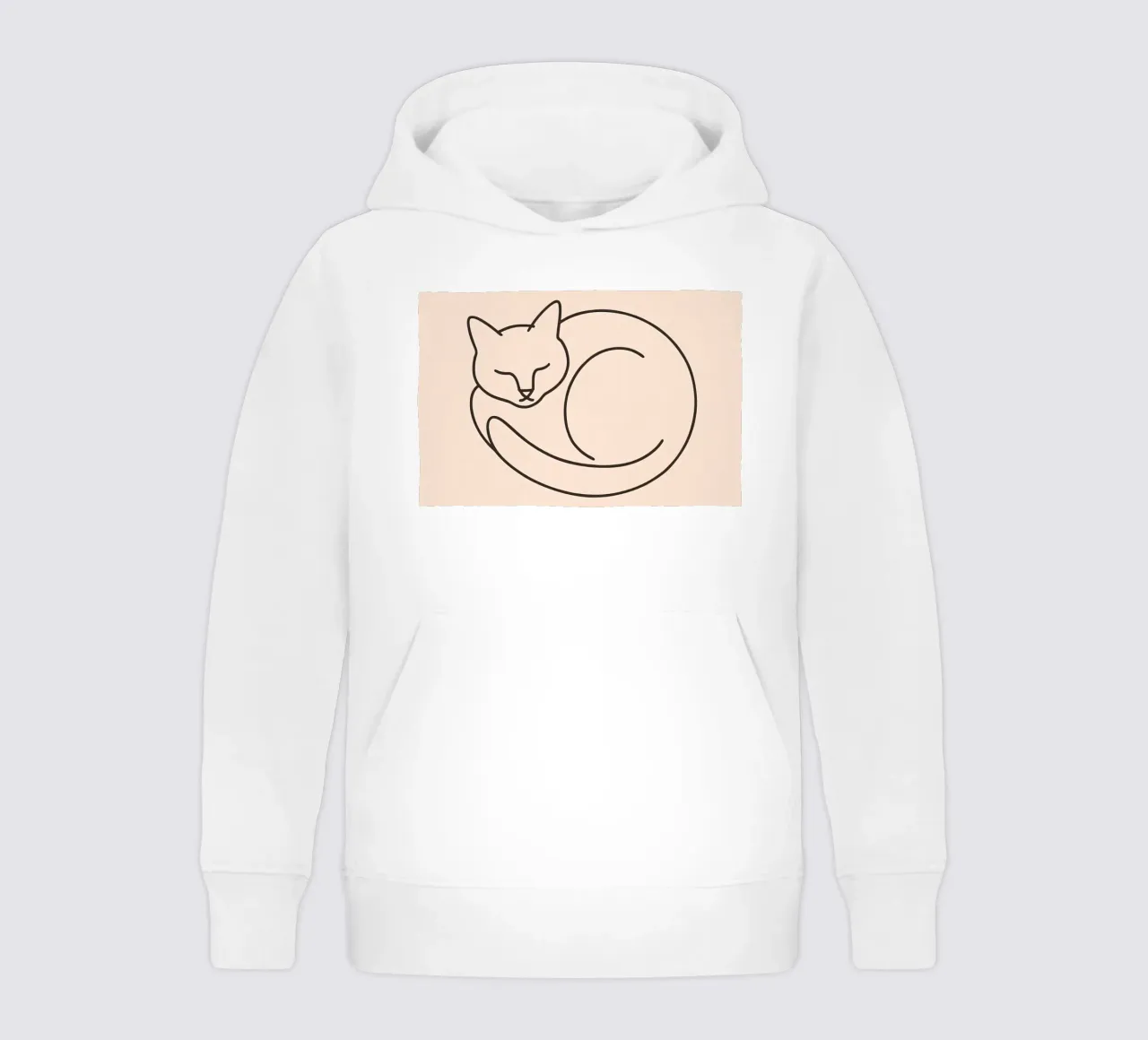 Line drawing of a curled-up cat resting on a soft background kids hoodie by DesignDoodle
