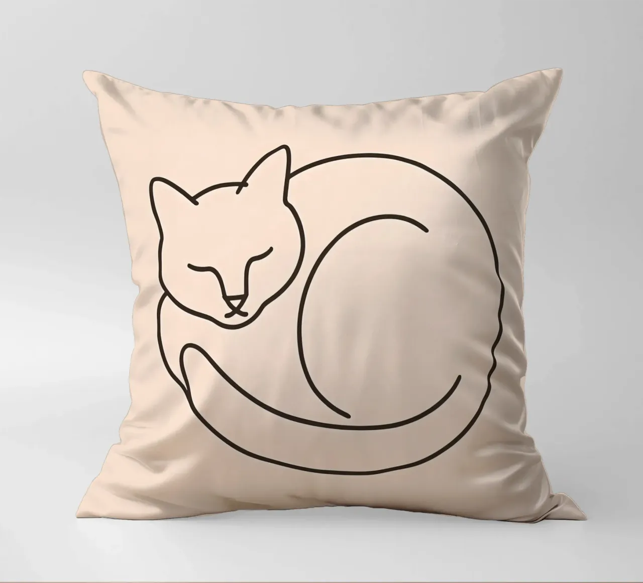 Line drawing of a curled-up cat resting on a soft background decorative cushion by DesignDoodle