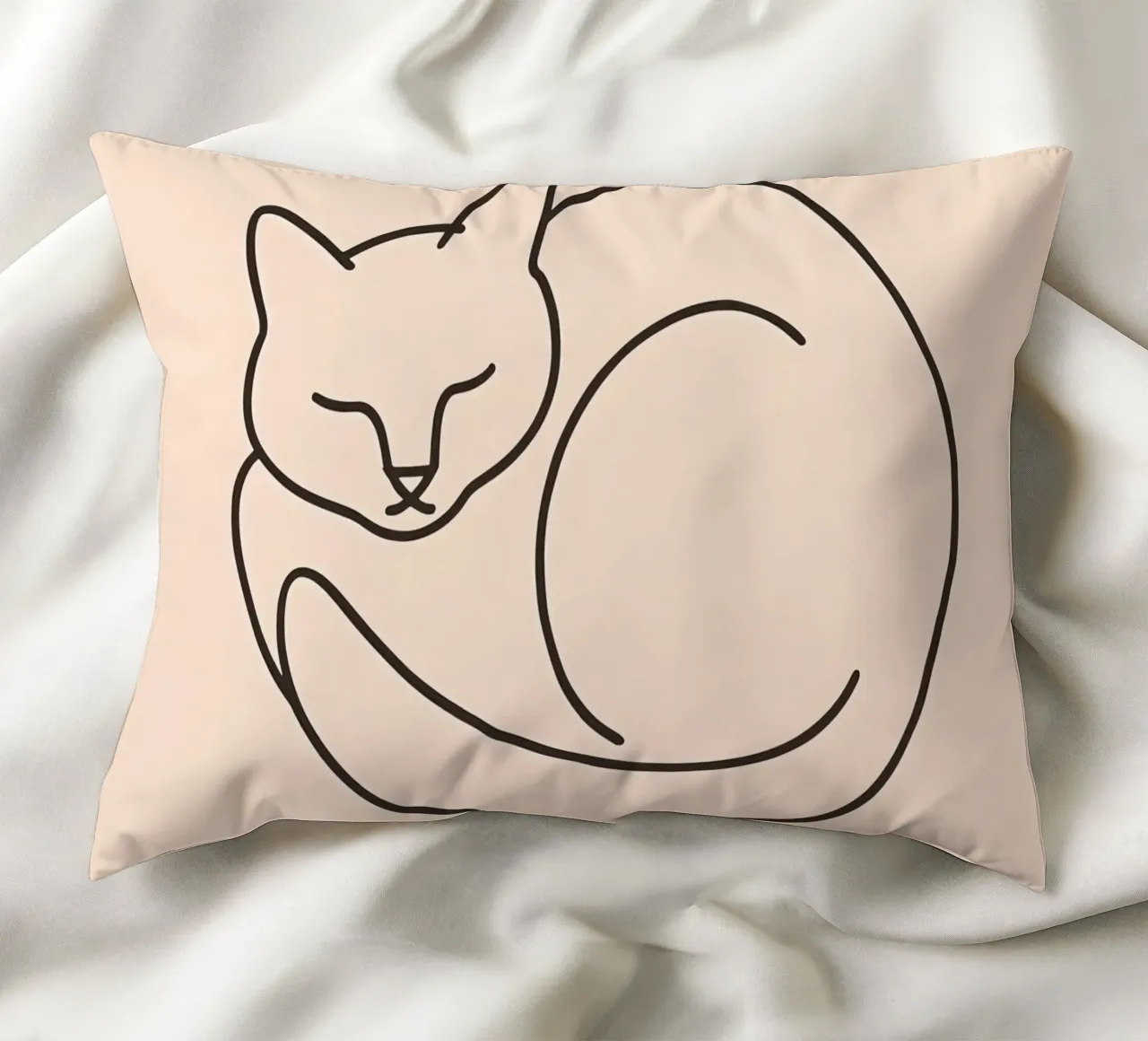 Line drawing of a curled-up cat resting on a soft background decorative cushion by DesignDoodle